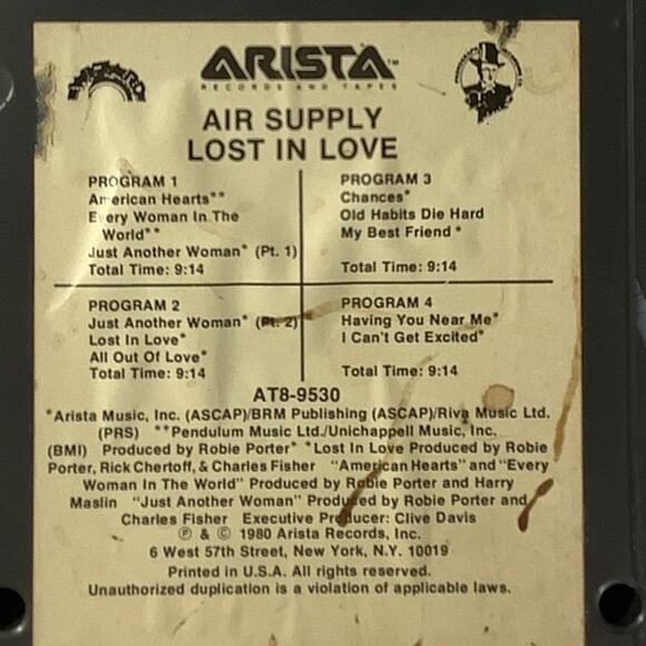 Vintage 1980 8-Track Tape - Air Supply: Lost In Love, Arista Records - Picture 6 of 6